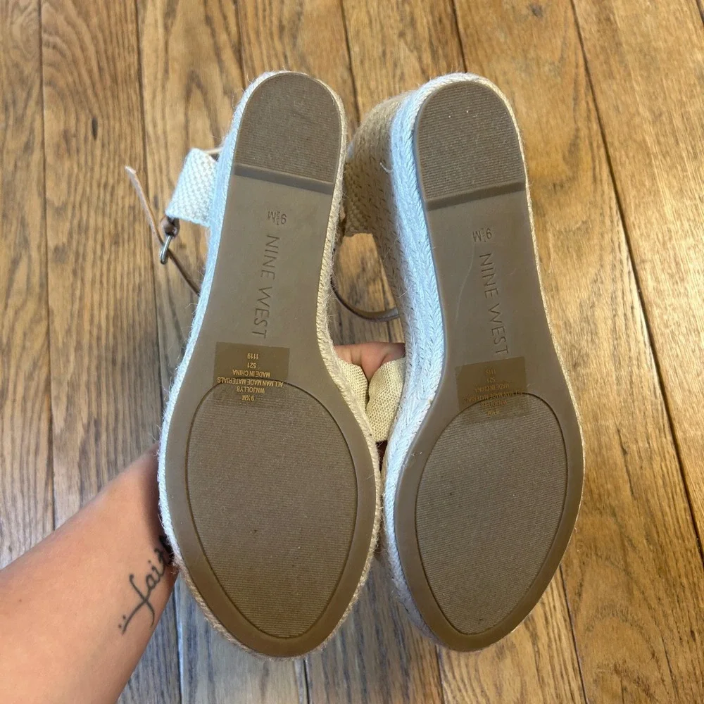 Nine West Jolly Cream Espadrille Wedge Sandals Knotted Bow Ankle Strap 9.5M